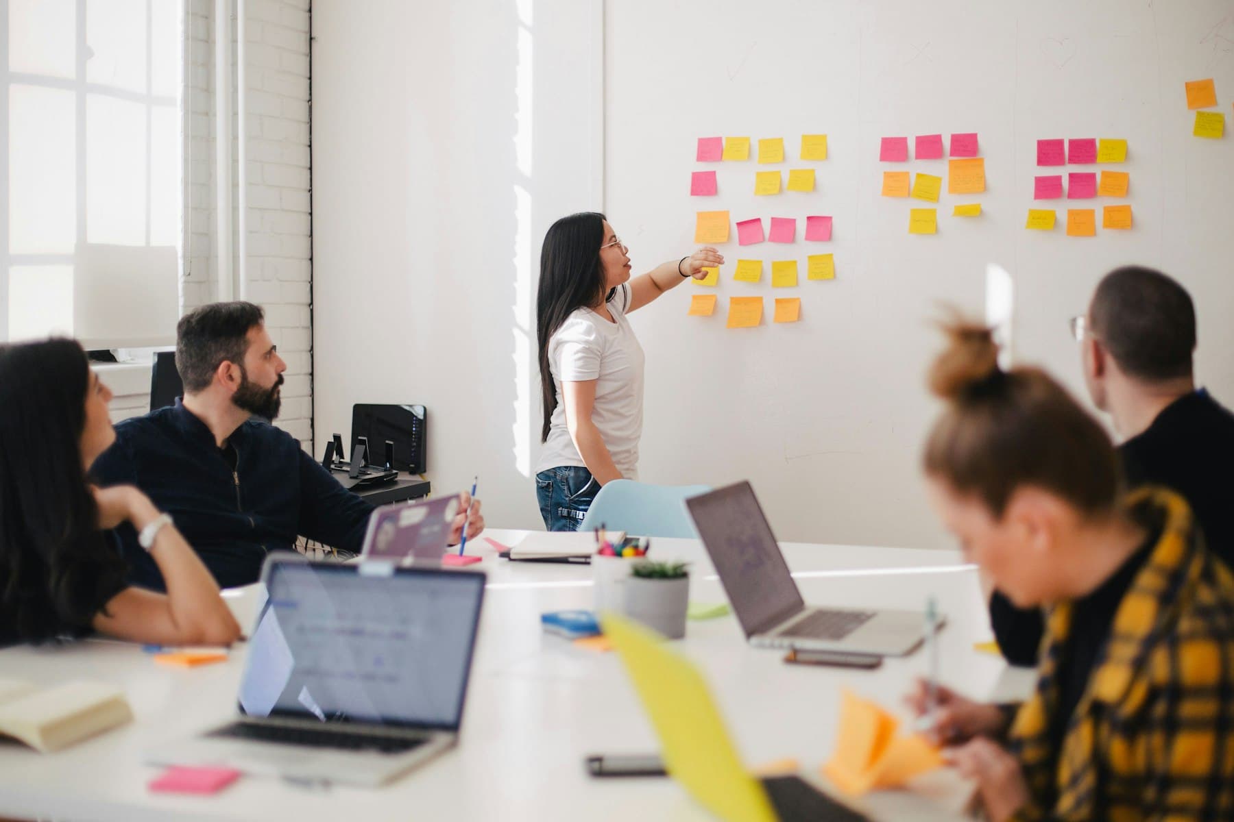 A team mapping work on a wall of sticky notes